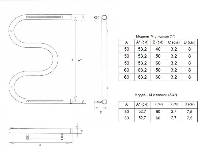 Полотенцесушитель водяной ДВИН M М-образный 50/60 c полкой, полированный (4627086010806)
