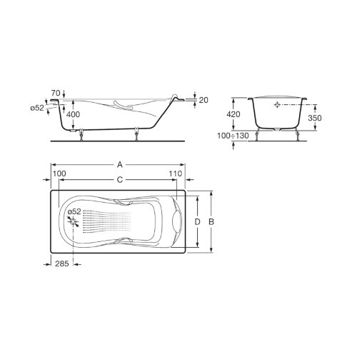 Ванна чугунная Roca HAITI 150х80, противоскользящее покрытие, отверстия для ручек