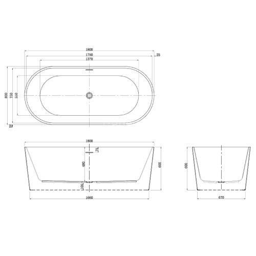 Ванна акриловая Azario BRISTOL 1800х800х600, свободностоящая, в комплекте с сифоном и металлической