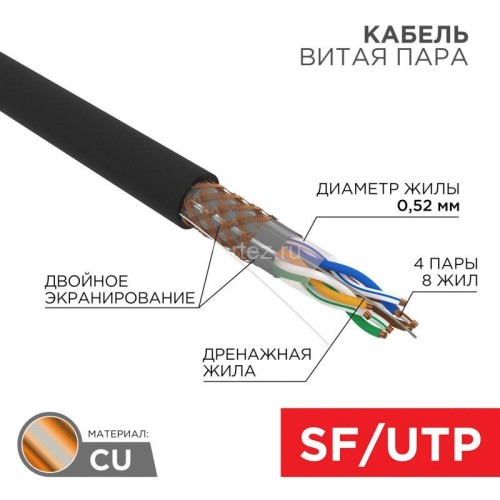 Кабель витая пара SF/UTP 4х2х0.51 кат.5E медь наружн. прокл. черн. (м) Rexant 01-0344