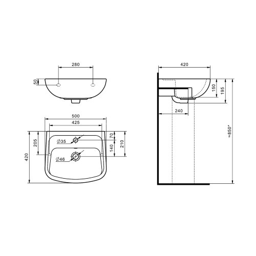 Раковина подвесная Santek "Лонги-50" 500х420х195 фарфор, 1 отверстие под смеситель, белая (1.WH50.1.
