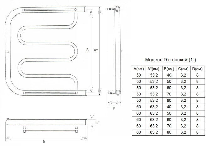 Полотенцесушитель водяной ДВИН D 50/70 c полкой, 1"-1/2" К0, полированный (4627085927730)