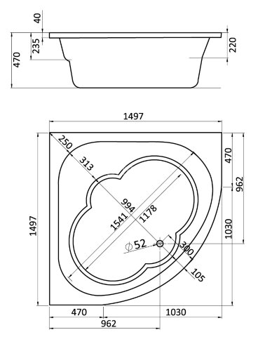 Ванна акриловая Santek Канны симметричная 150х150, белая