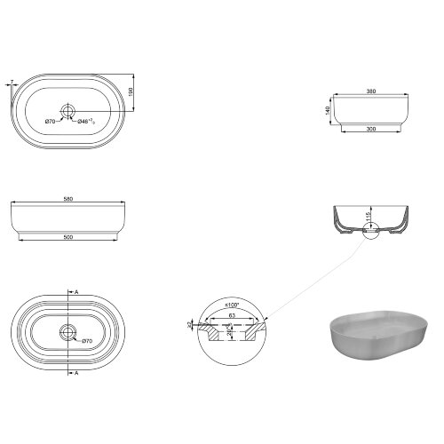 Раковина-чаша Creo Ceramique 580х380х140 накладная, овальная, керамика, черный матовый (PU4300MBK)