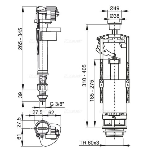 Выпускной комплект Alcaplast, со стоп кнопкой, впускной механизм А16, подключение 3/8'', кнопка хром