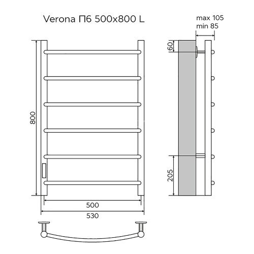 Полотенцесушитель электрический AZARIO VERONA 500/800 6 секций, диммер слева, черный (AZ04758B)