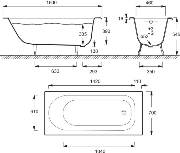 Ванна чугунная Jacob Delafon SOISSONS 160x70 без антискользящего покрытия, без отверстий для ручек,