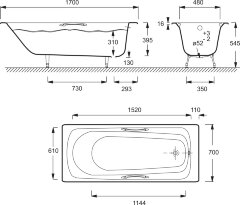 Ванна чугунная  Jacob Delafon MELANIE 170x70 см с антискользящим покрытием, с отверстием для ручек,