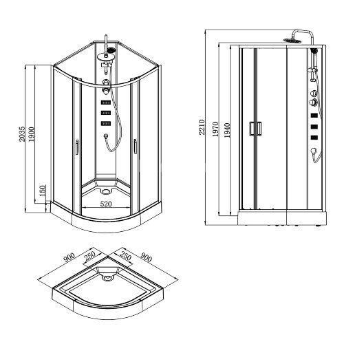Душевая кабина Loranto NEO 90x90x(190+15) с низким поддоном 15см, прозрачное закаленное стекло 5 мм, задние стеклянные стенки белые, профиль черный-ма