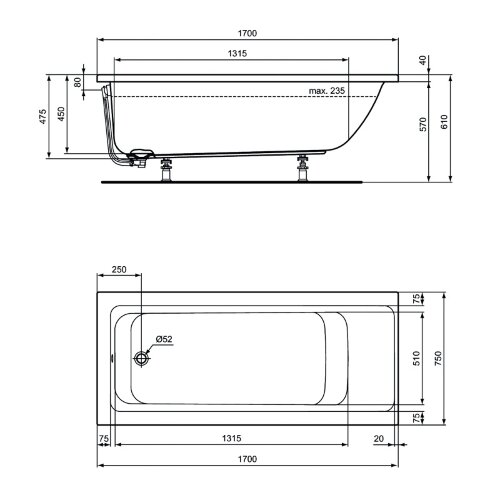 Ванна акриловая Ideal Standard CONNECT AIR 170х75, встраиваемая, без системы слива-перелива