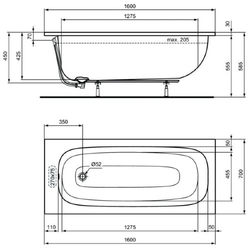 Ванна акриловая Ideal Standard i.life 1600х700 пристенная, встраиваемая (T475801)