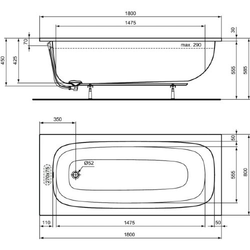 Ванна акриловая Ideal Standard i.life 1800х800 пристенная, встраиваемая (T476201)