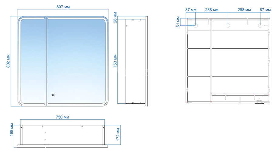 Зеркало-шкаф AZARIO Alliance 805х198х800 LED - подсветка, сенсорный выключатель, белый (LED-00002516