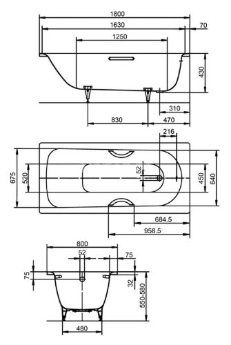 Ванна стальная Kaldewei SANIFORM PLUS STAR 180х80х41 alpine white, без ножек, с отверстиями для руче