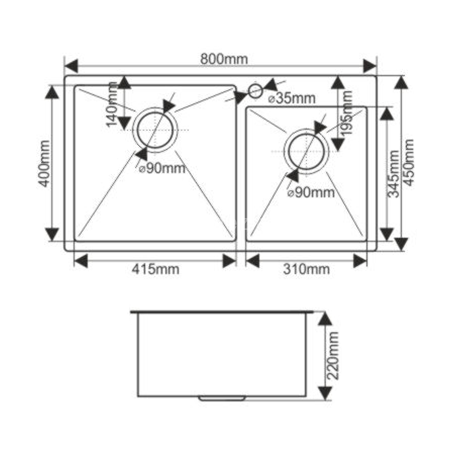Мойка 8045 MELANA ProfLine 3,0/220 САТИН ЗОЛОТО 2-я чаша, врезная прямоугольная S8045HG